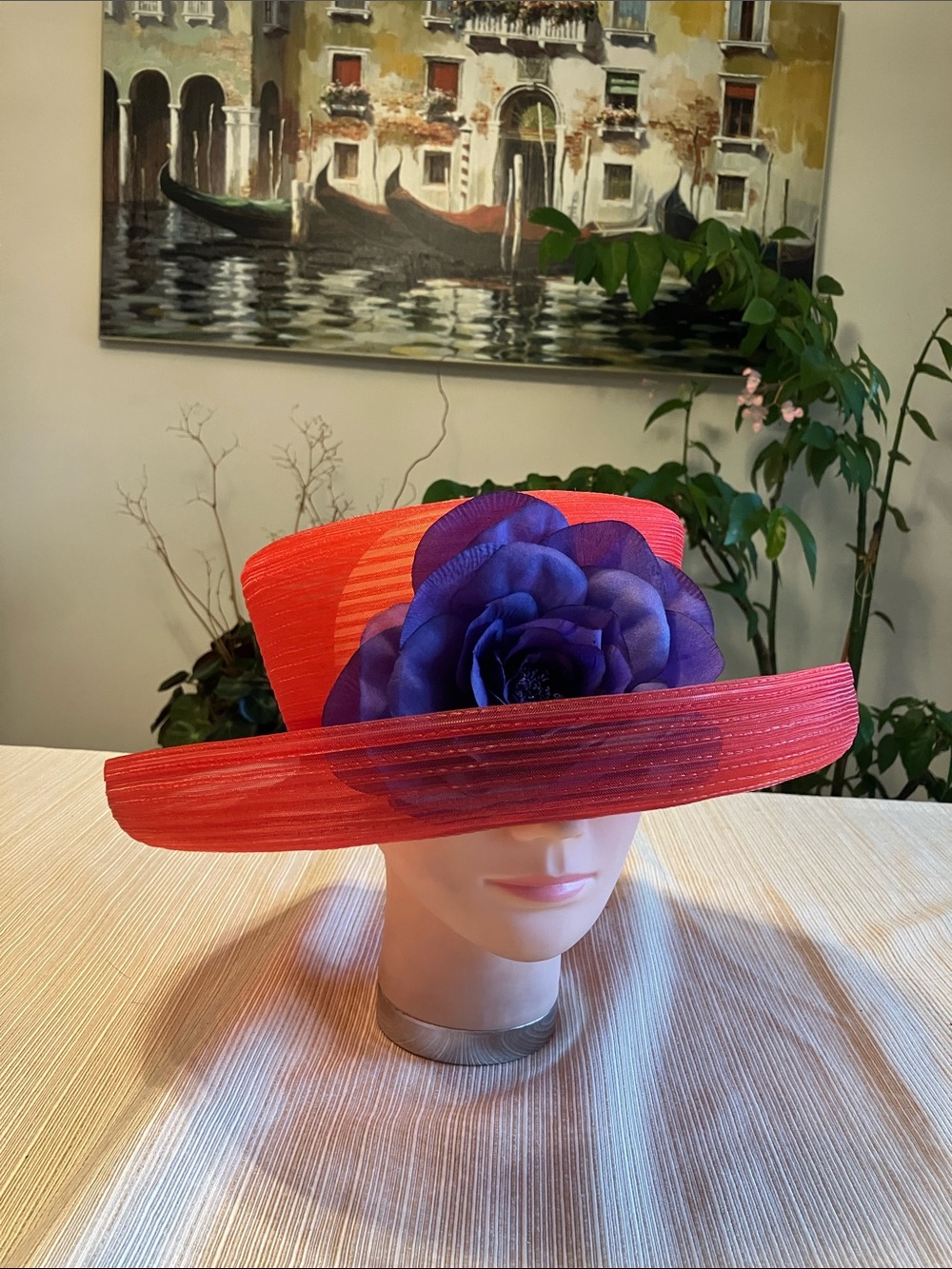 Chic Red Wide-Brim Hat with Purple Flower